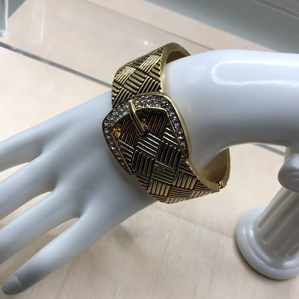 Textured belt belted look  rhinestone wide clamper bracelet designer style
